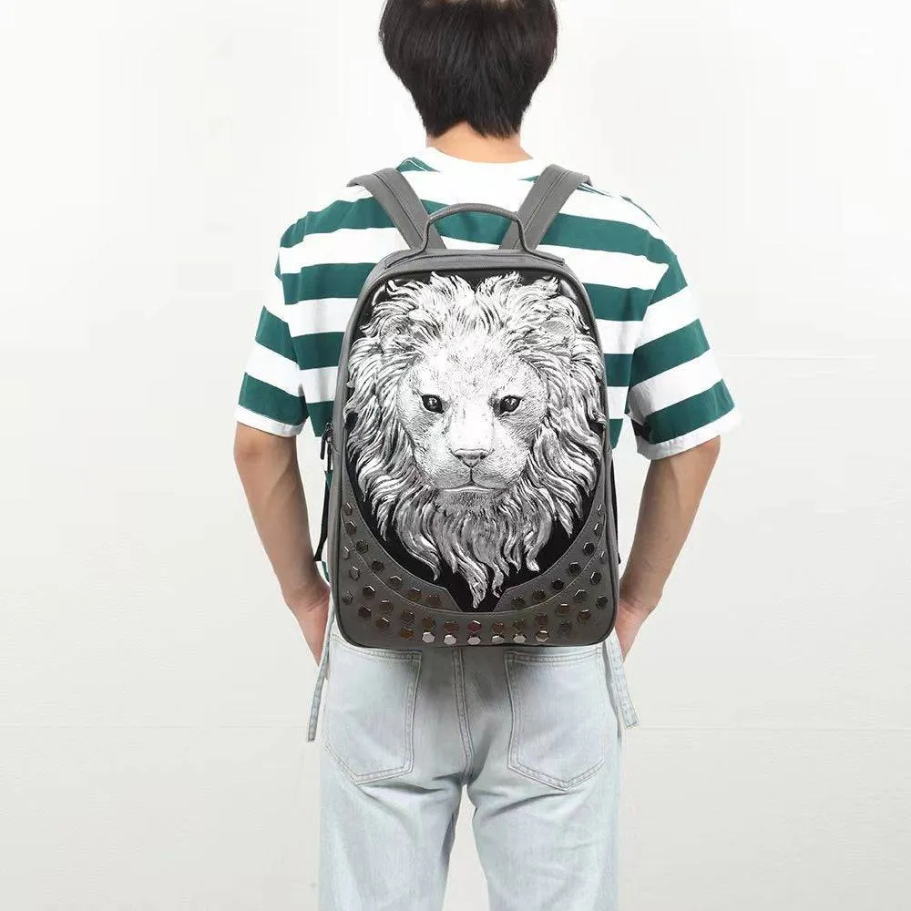 3D Backpack Soft PU Leather Lion Studde Flat Travel Punk Backpack Laptop Bag