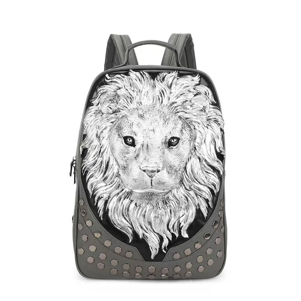 3D Backpack Soft PU Leather Lion Studde Flat Travel Punk Backpack Laptop Bag