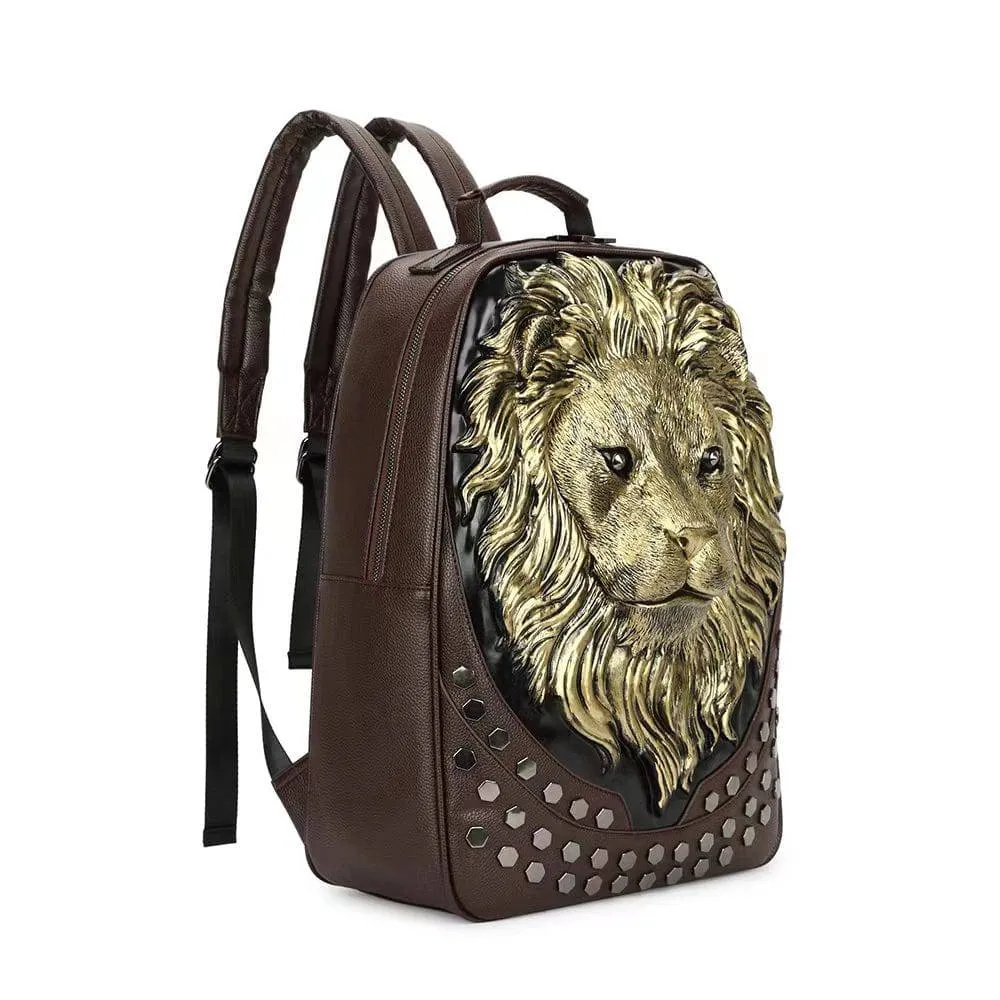 3D Backpack Soft PU Leather Lion Studde Flat Travel Punk Backpack Laptop Bag