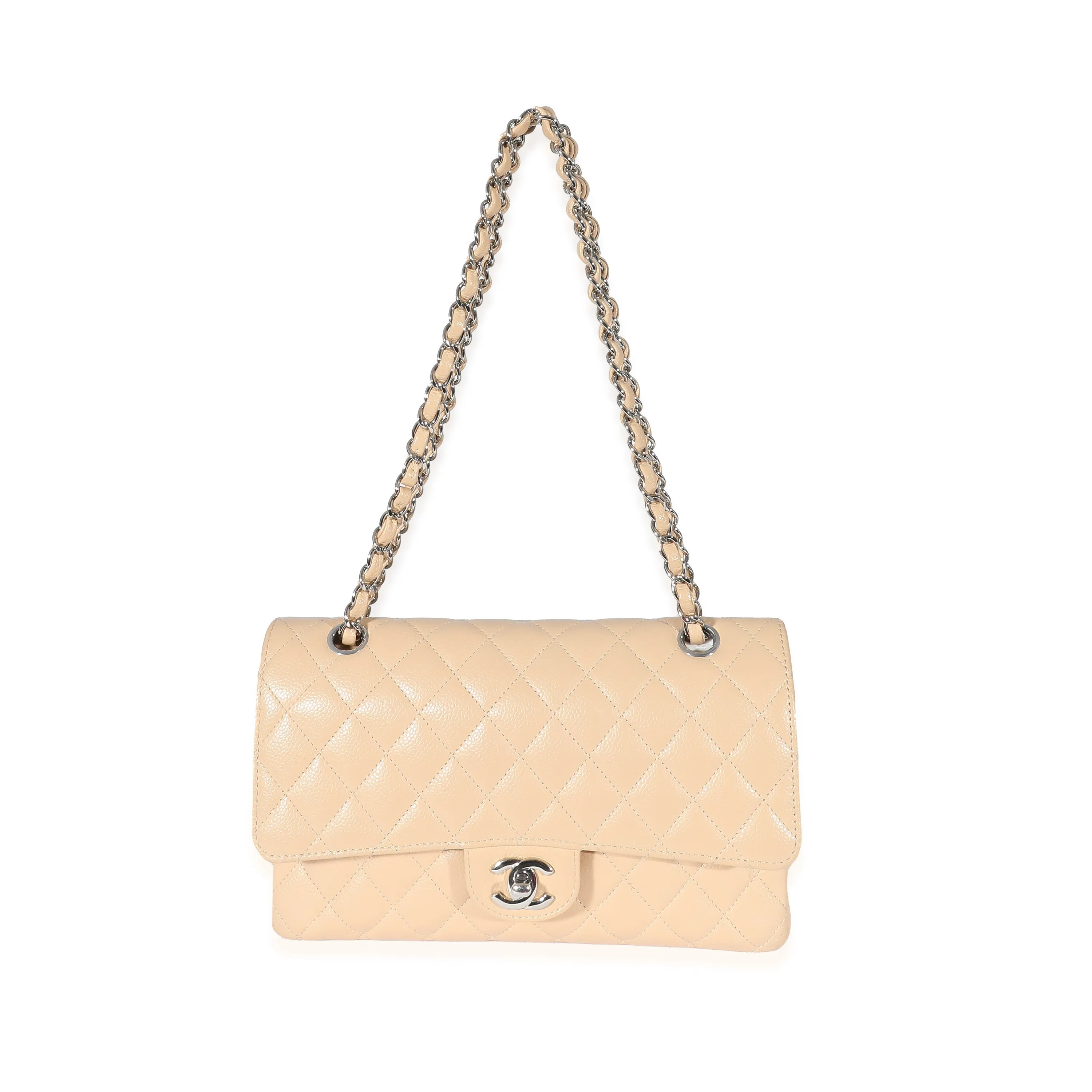 CHANEL Beige Quilted Caviar Medium Classic Double Flap Bag