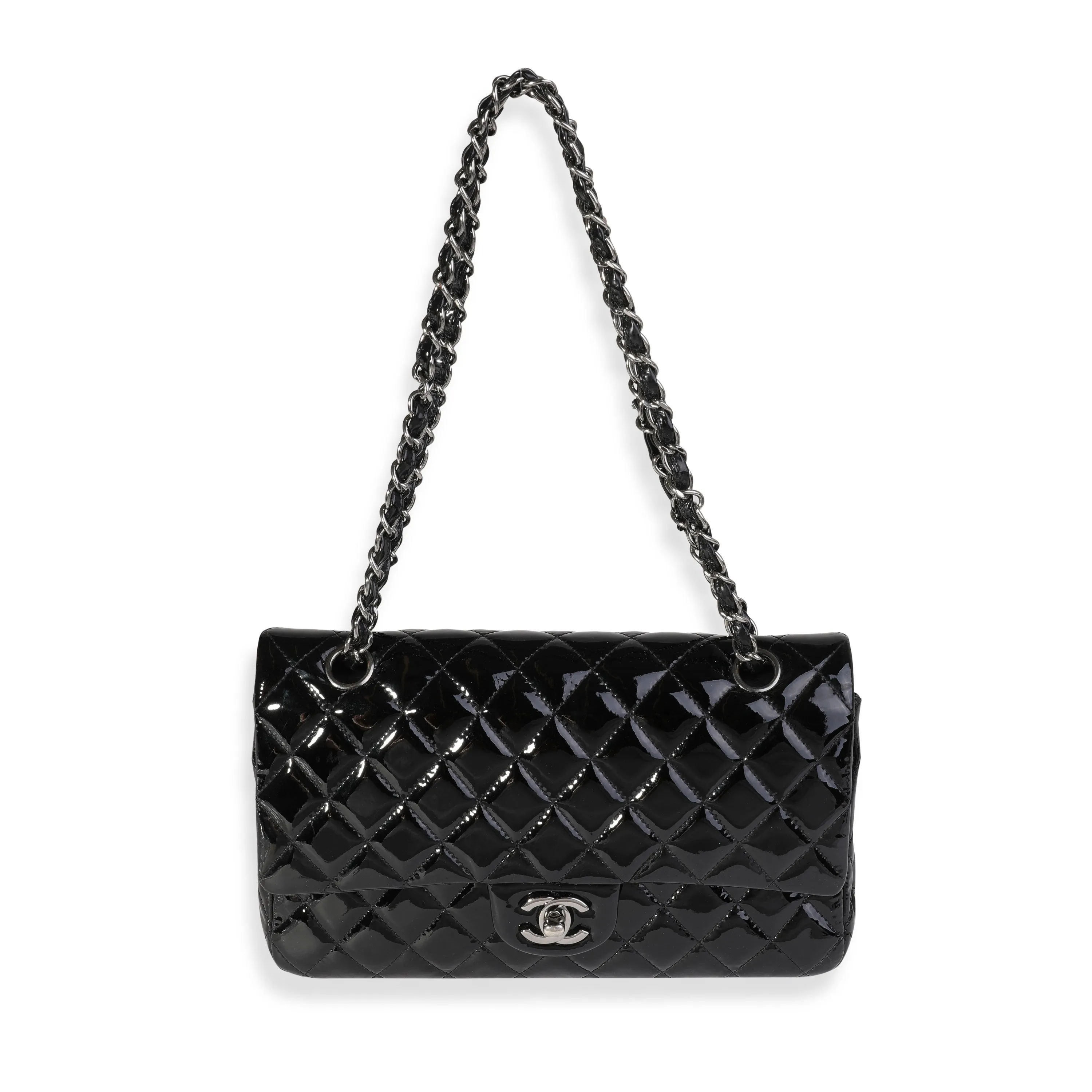 CHANEL Black Quilted Patent Leather Medium Classic Double New Bag