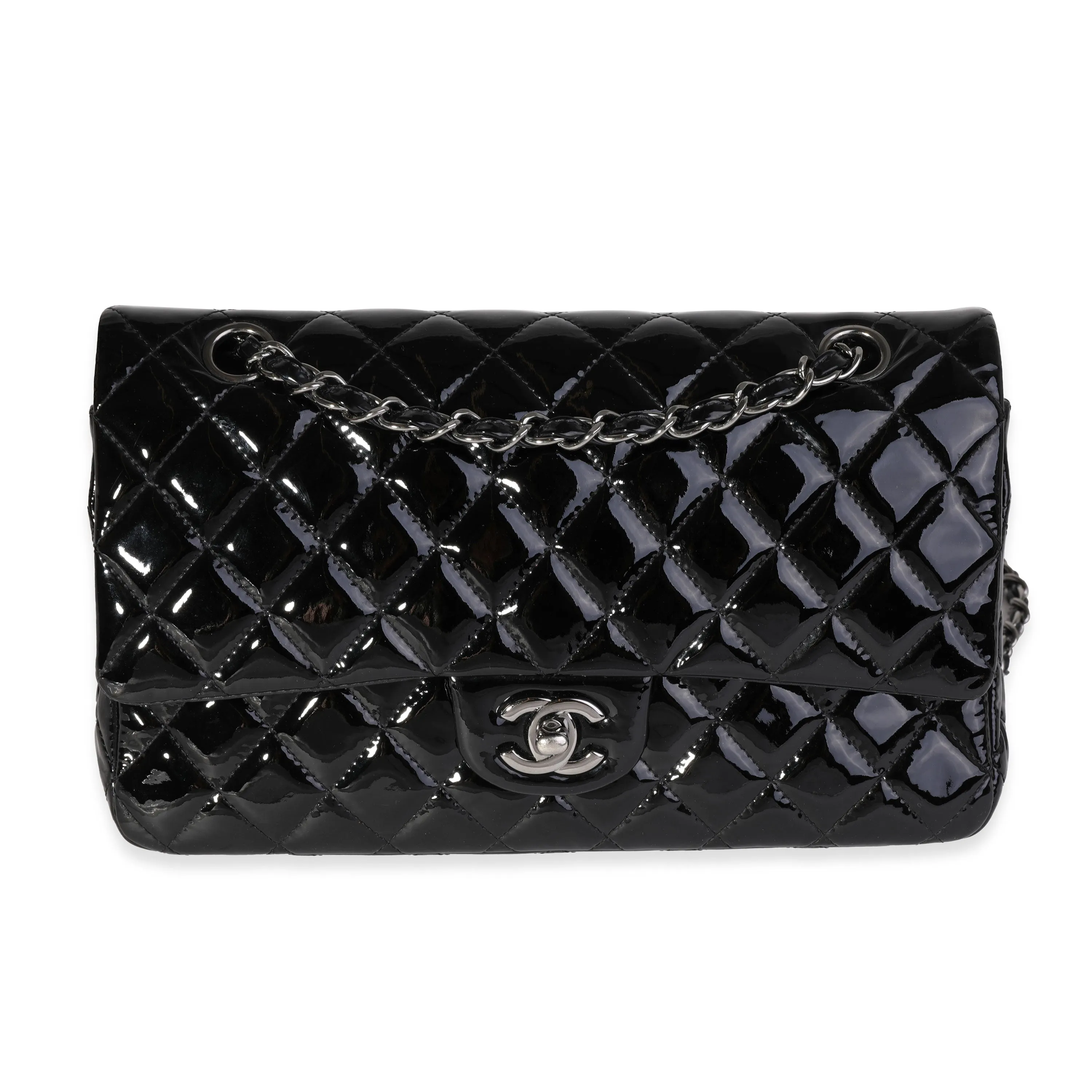 CHANEL Black Quilted Patent Leather Medium Classic Double New Bag