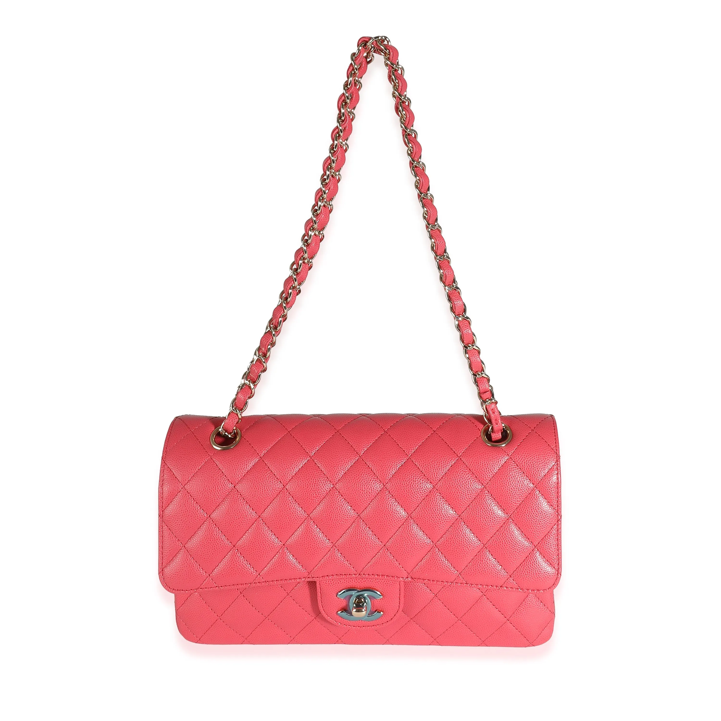 CHANEL Dark Pink Quilted Caviar Medium Classic Double New Bag