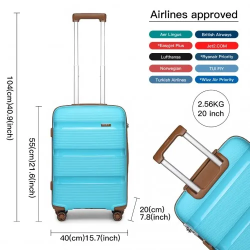 Kono 20 Inch Cabin Size Bright Hard Shell Carry-On Suitcase - Blue & Brown | Lightweight, Durable & TSA Lock