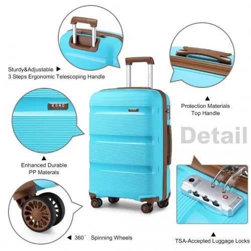 Kono 20 Inch Cabin Size Bright Hard Shell Carry-On Suitcase - Blue & Brown | Lightweight, Durable & TSA Lock