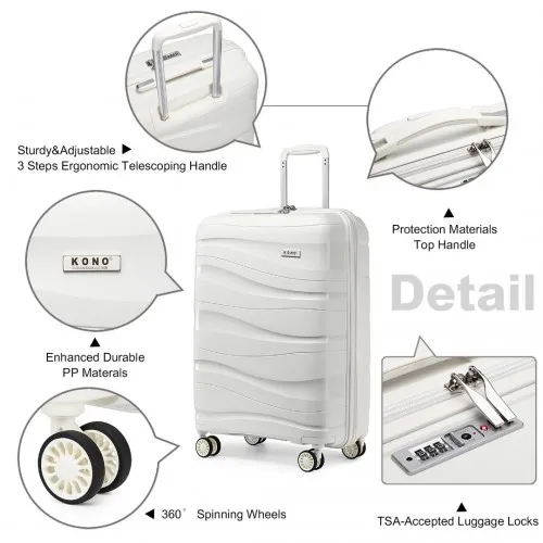 Kono 20 Inch Lightweight Polypropylene Suitcase with TSA Lock - Cream White - Durable, Stylish, Perfect for Travel