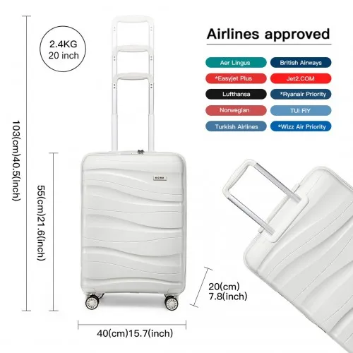 Kono 20 Inch Lightweight Polypropylene Suitcase with TSA Lock - Cream White - Durable, Stylish, Perfect for Travel