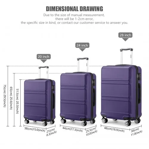 Kono ABS Sculpted Horizontal Design 3 Piece Suitcase Set - Purple | Durable & Stylish Luggage Set