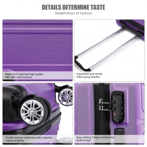 Kono ABS Sculpted Horizontal Design 3 Piece Suitcase Set - Purple | Durable & Stylish Luggage Set