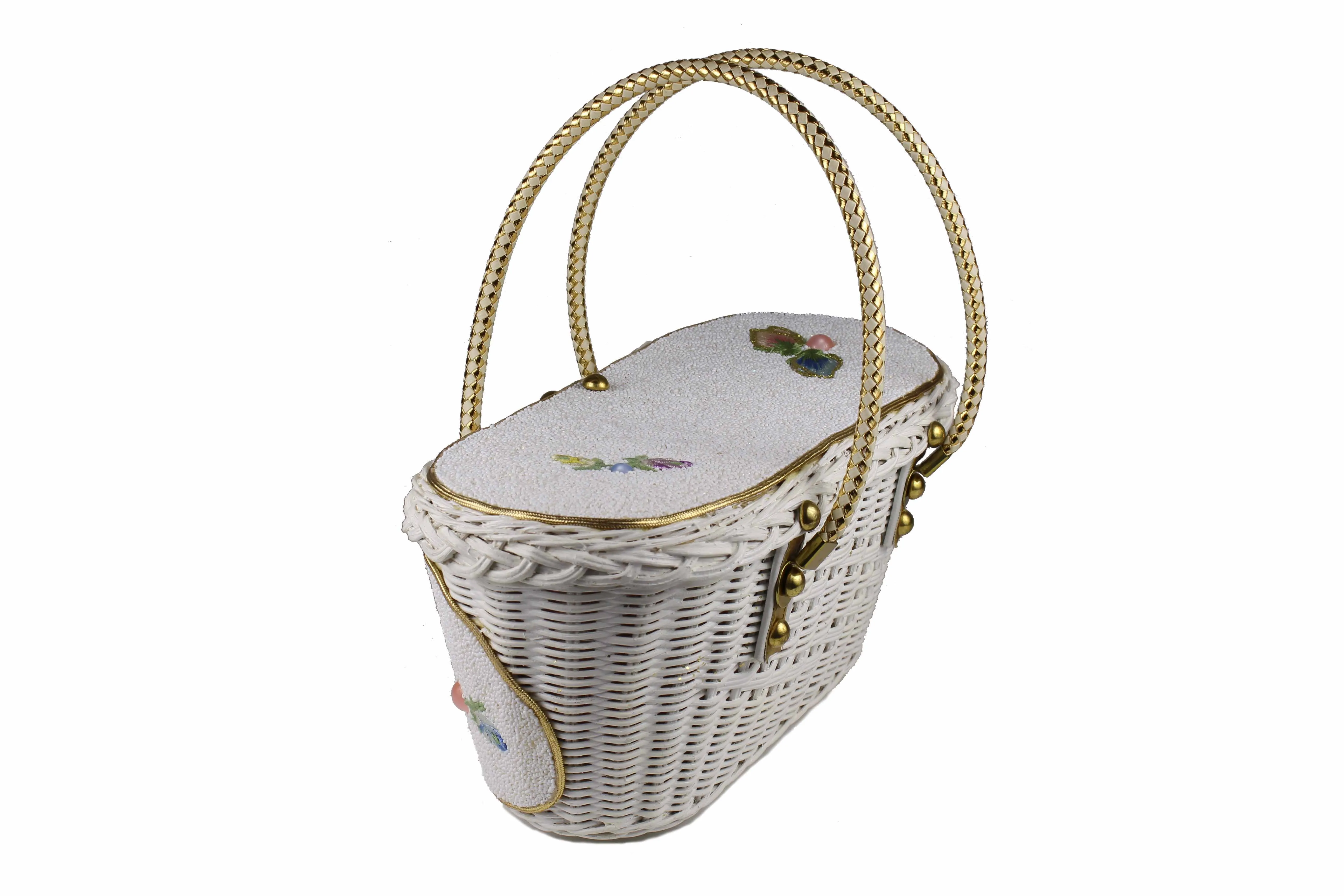 MIDAS OF MIAMI wicker box bag with white beads