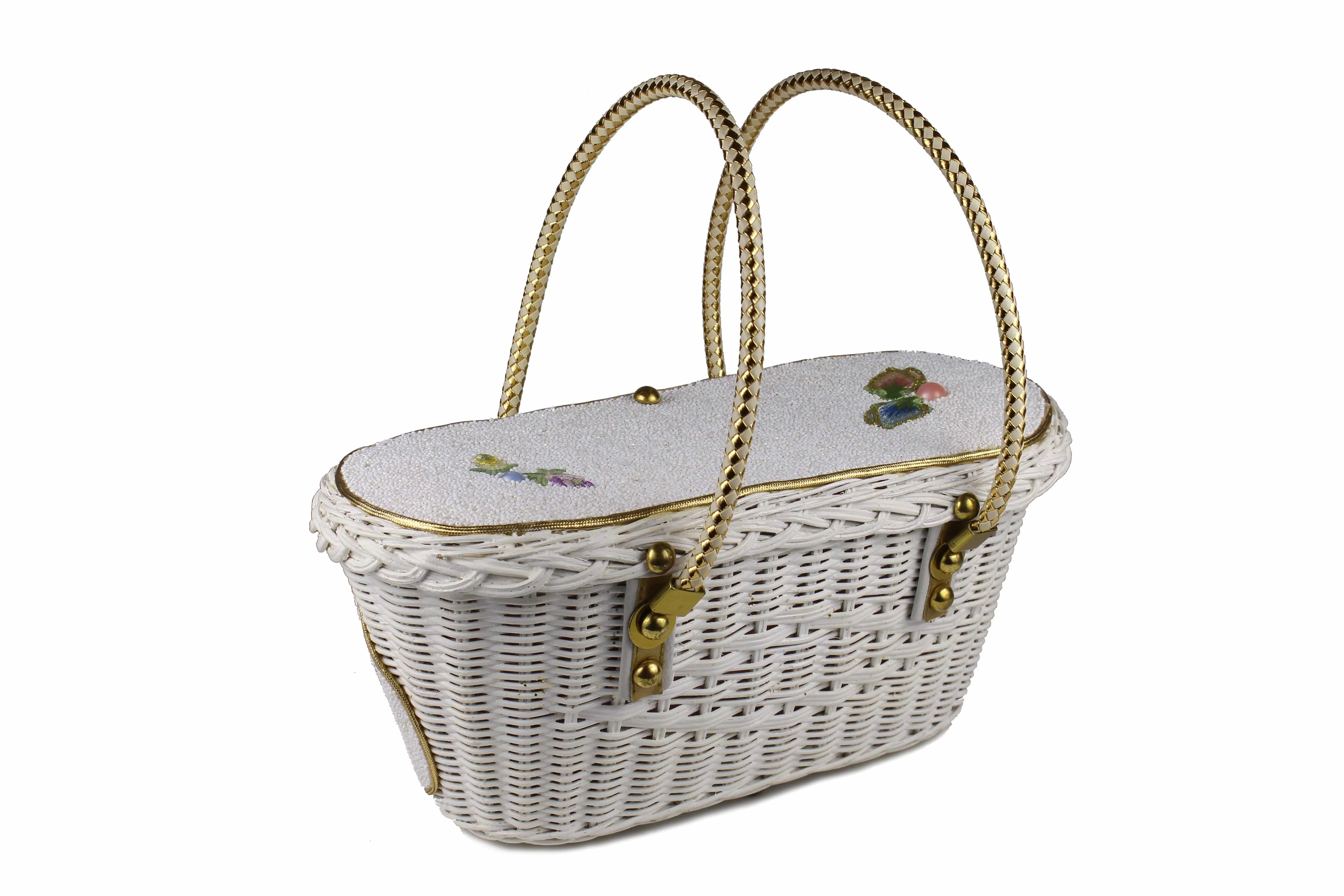 MIDAS OF MIAMI wicker box bag with white beads