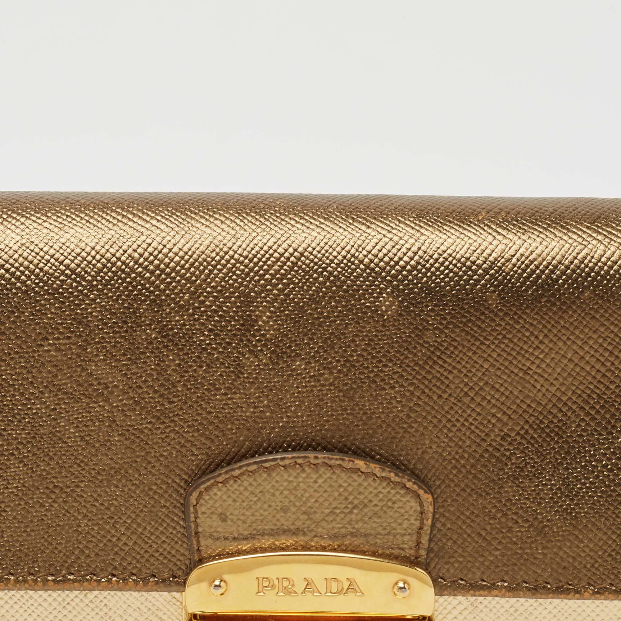 PRADA Gold Saffiano Leather Pushlock Flap Wallet