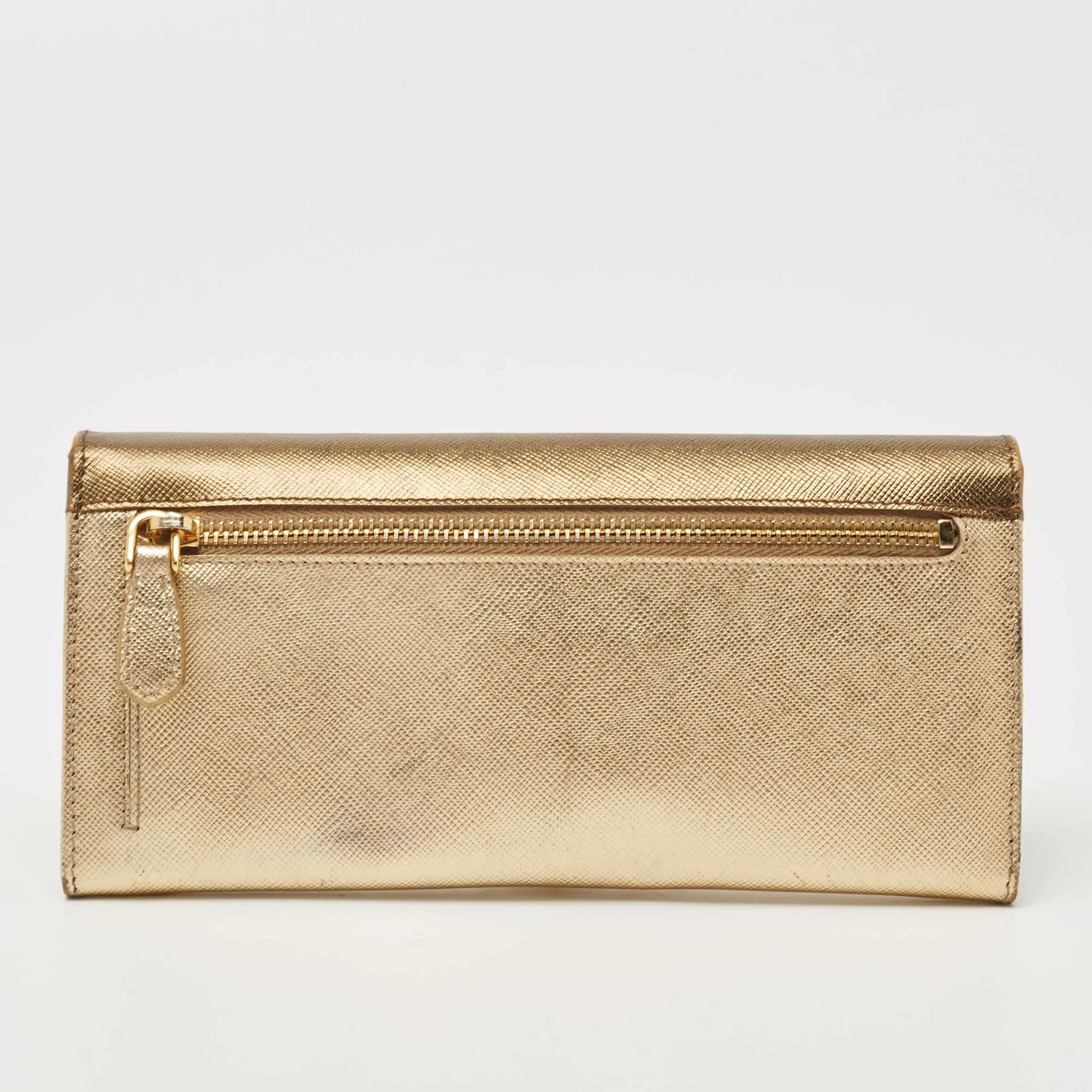 PRADA Gold Saffiano Leather Pushlock Flap Wallet