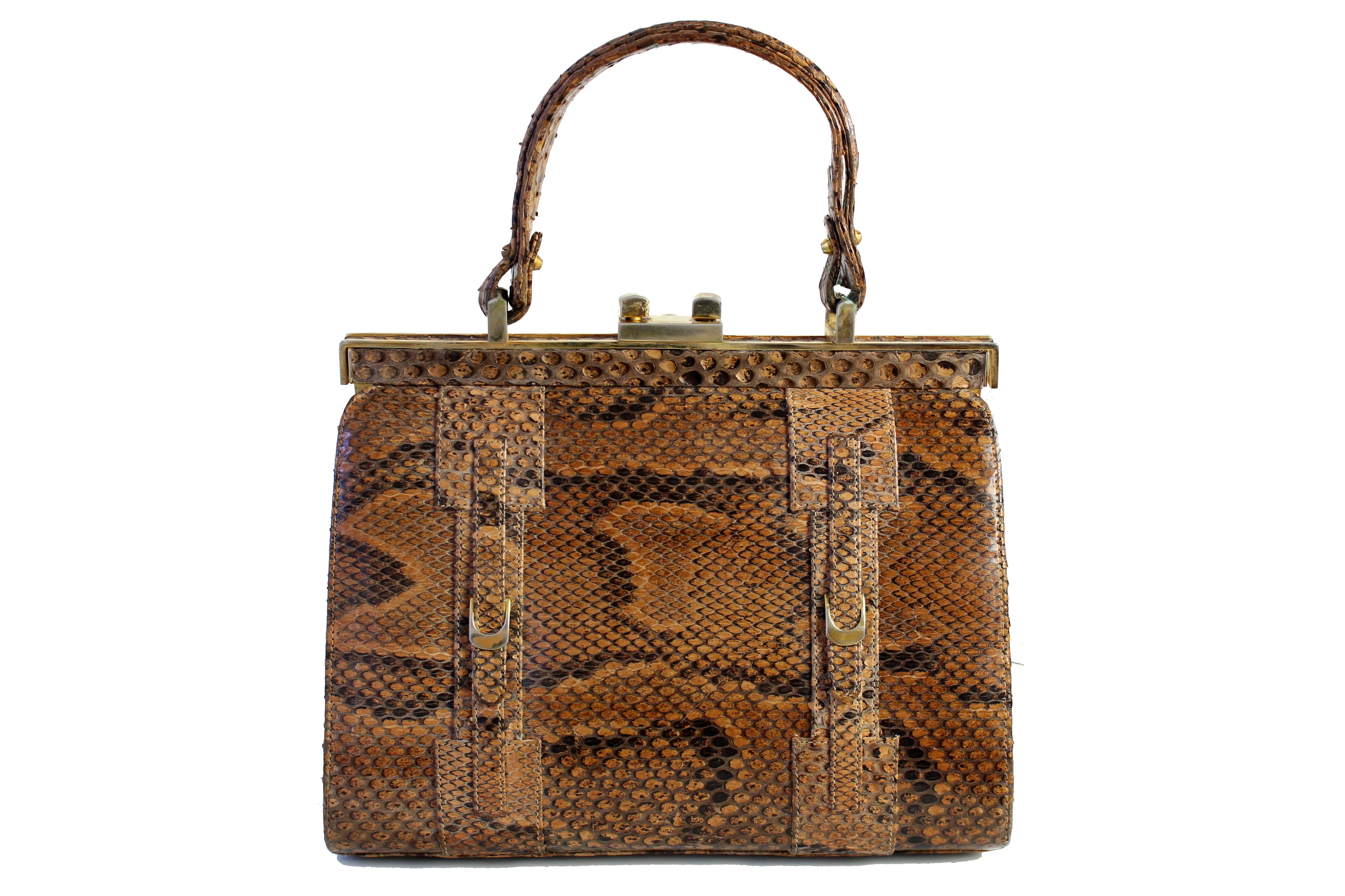 Snake skin handbag with lined frame and single handle