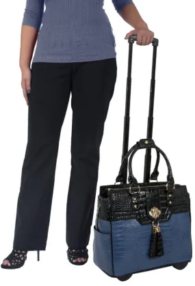 Stylish Oceanside Blue Alligator Rolling Laptop Bag | Women's Briefcase, Computer Case, Work Tote | Fits 13"-17" Laptops